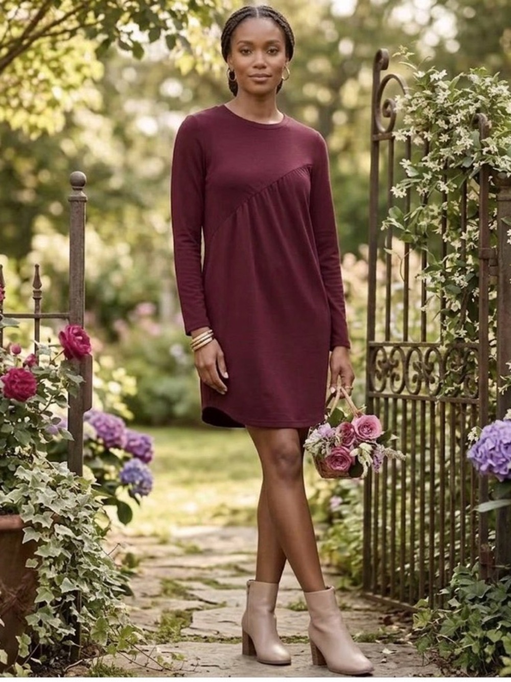 PRETTYGARDEN Burgundy Tunic Dress Long Sleeve Ruched Asymmetric Sz M Minimalist